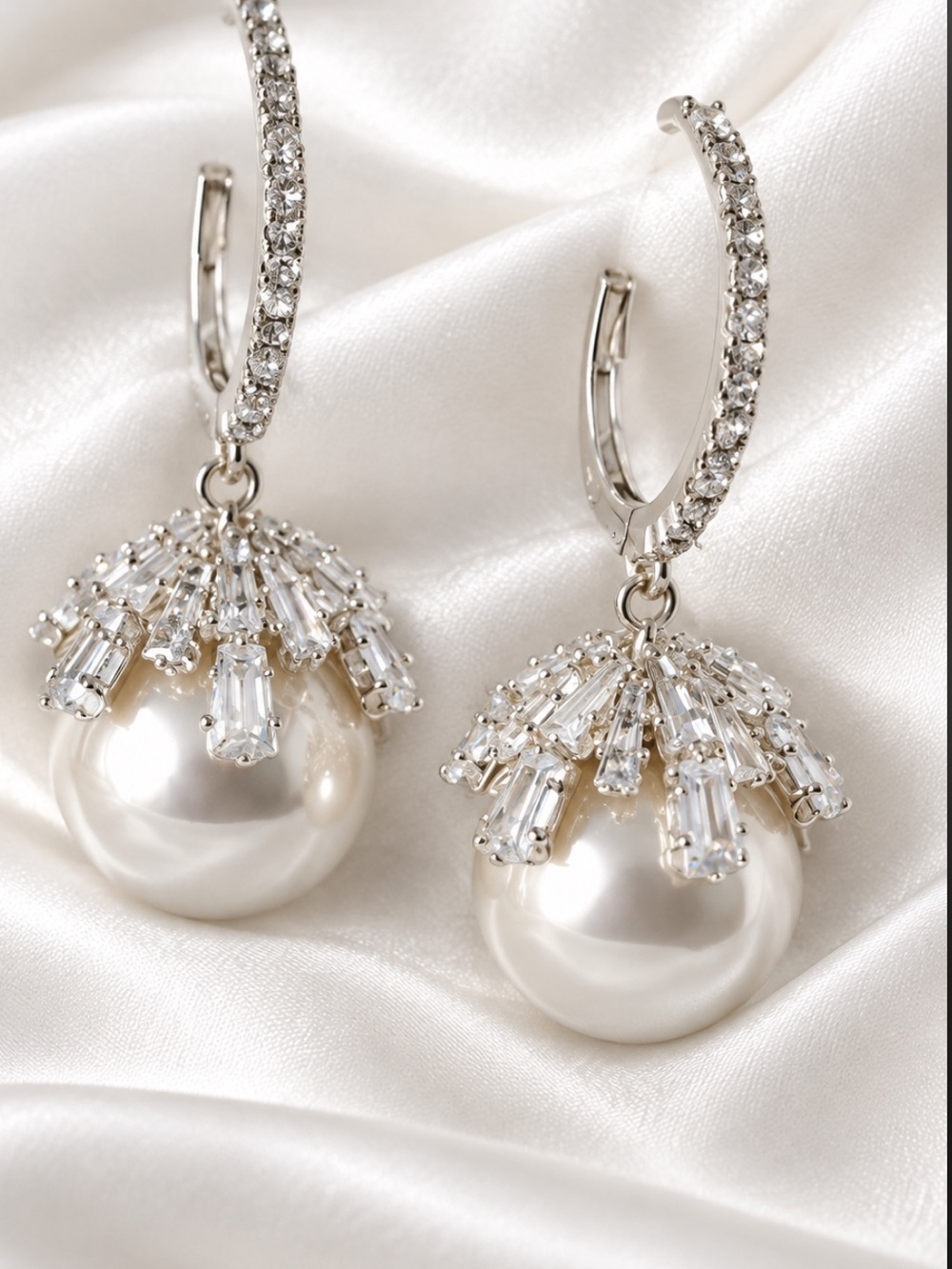 Fashion Jewelry White Pearl Drop Hoop Earrings with Crystal Accents
